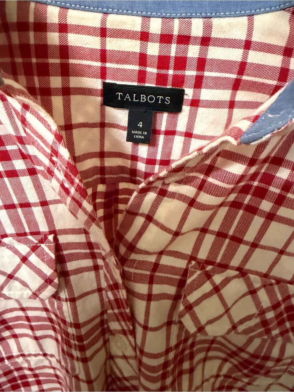 Talbots Red and White Plaid Shirt with Blue Trim